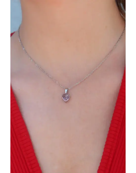  Gümüş  Kristal Kalp Figür  Çelik Kolye