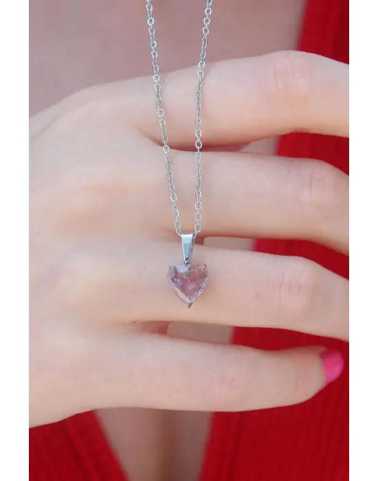  Gümüş  Kristal Kalp Figür  Çelik Kolye