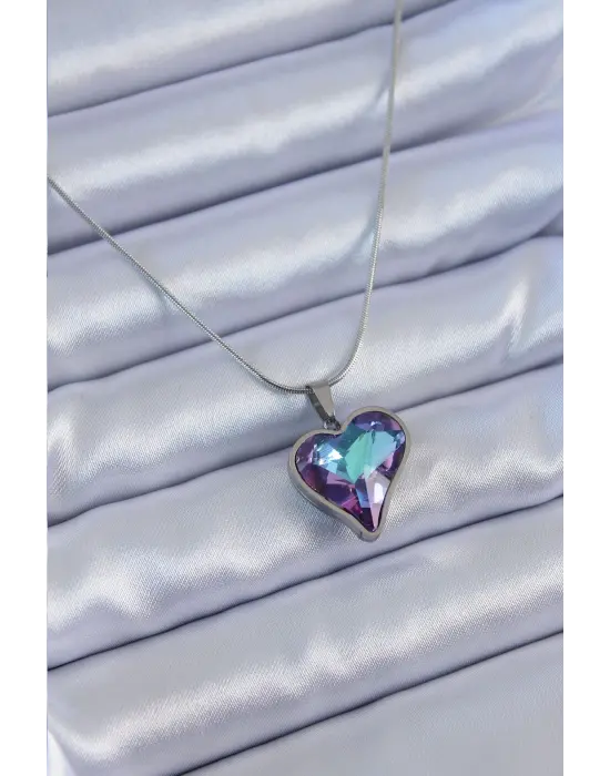  Gümüş  Kristal Taş Model  Çelik Kolye