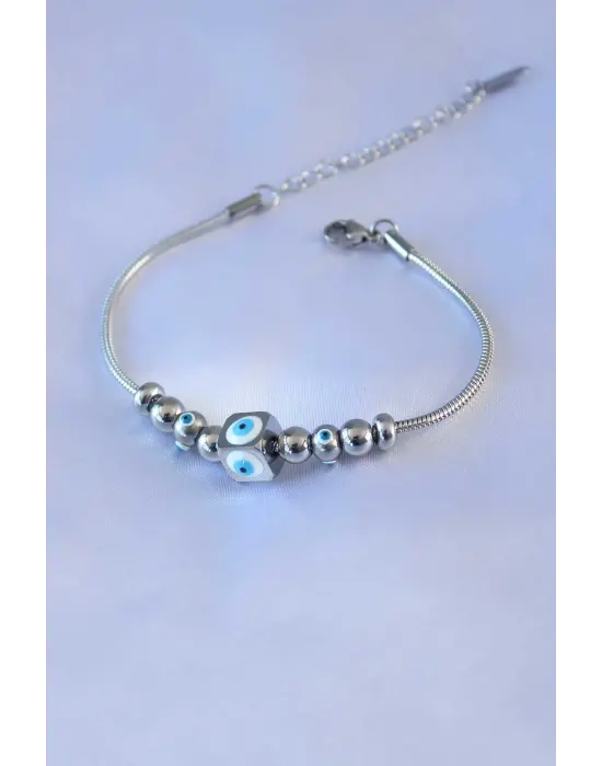 316L Çelik Gümüş Renk Küp Nazar Boncuk Model Kadın Bileklik