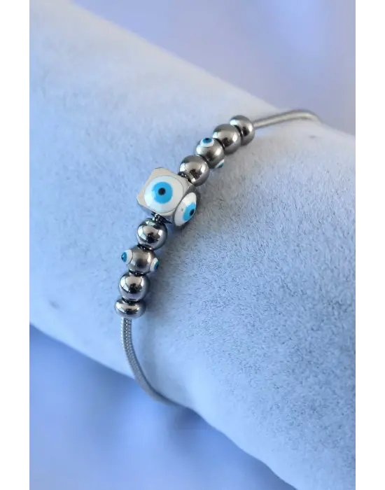 316L Çelik Gümüş Renk Küp Nazar Boncuk Model Kadın Bileklik