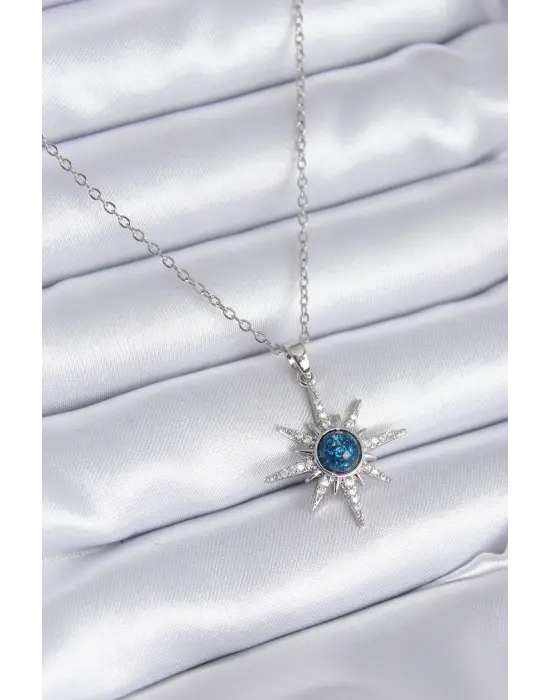  Gümüş  Kutup Yıldızı Model Zirkon Taş Detay  Çelik Kolye