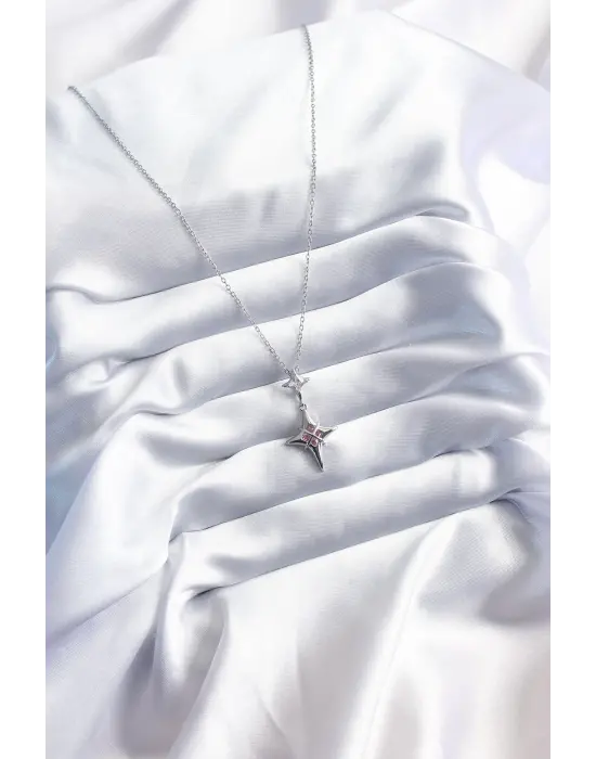 316L Çelik Gümüş Renk Kutup Yıldızı Model Zirkon Taş Detay Kadın Kolye