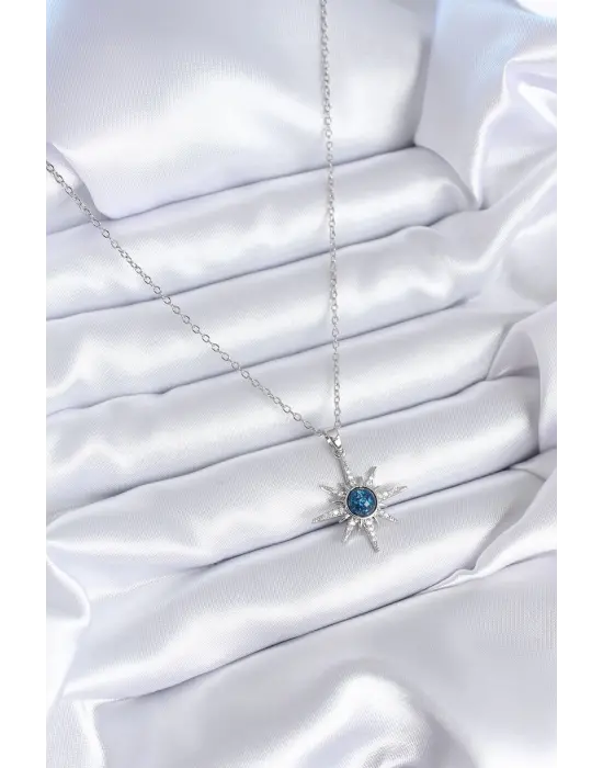  Gümüş  Kutup Yıldızı Model Zirkon Taş Detay  Çelik Kolye