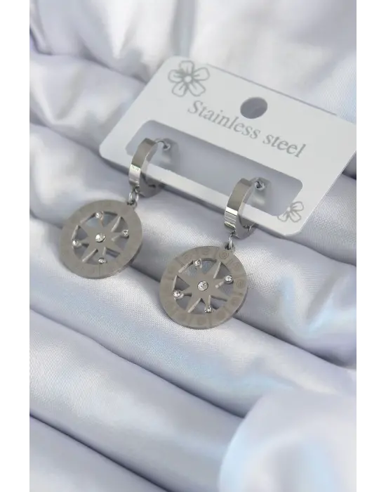   Gümüş Kutup Yıldızı Model Zirkon Taş İşleme Detay Çelik Küpe