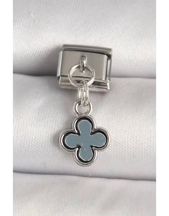 316L Çelik Gümüş Renk Lacivert Mineli Yonca Model Nomination Charm