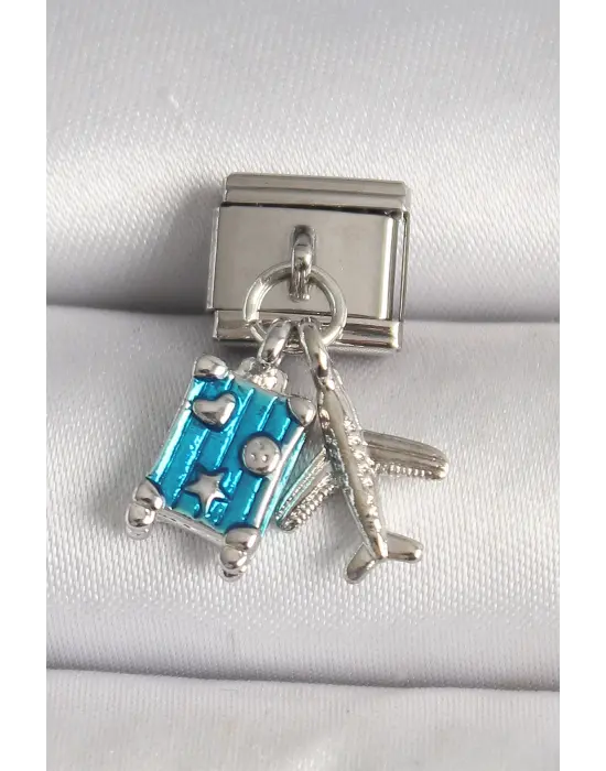 316L Çelik Gümüş Renk Mavi Bavul Uçak Model Nomination Charm