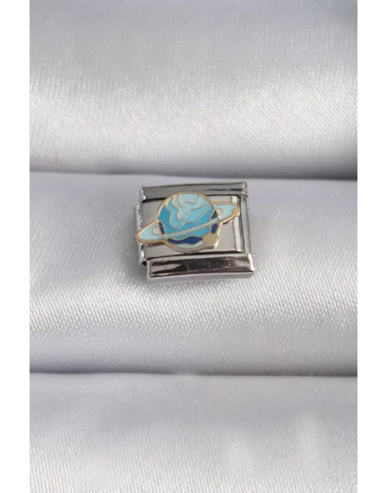 316L Çelik Gümüş Renk Mavi Gezegen Satürn İşlemeli Nomination Charm