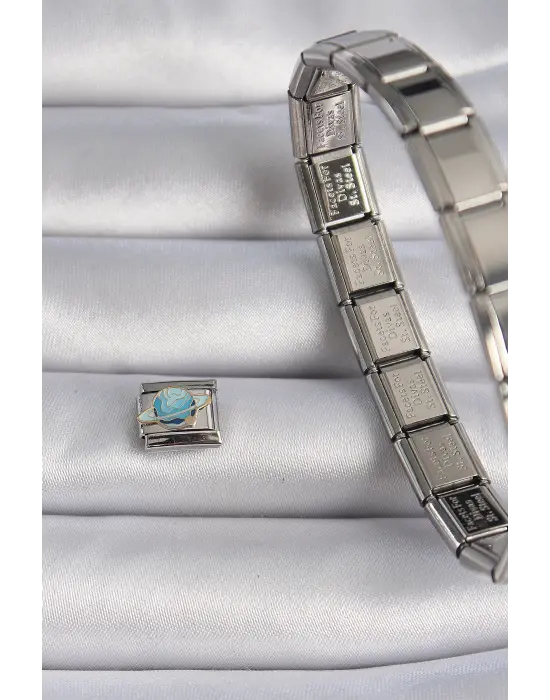 316L Çelik Gümüş Renk Mavi Gezegen Satürn İşlemeli Nomination Charm