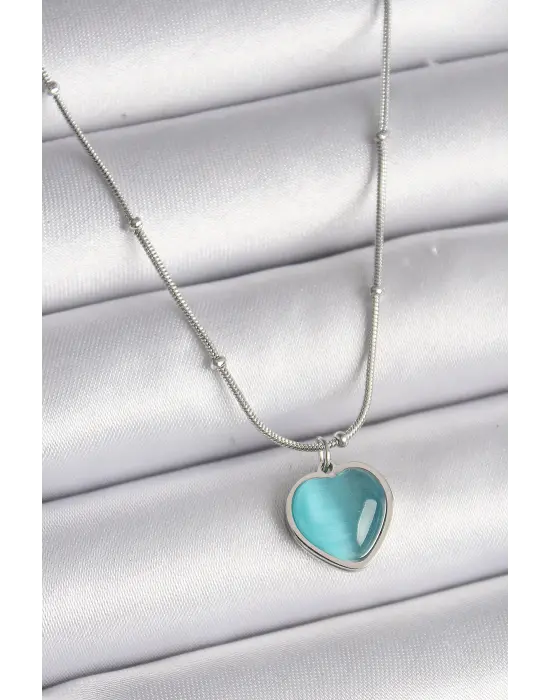  Gümüş  Mavi Kedi Gözü Sedefli Kalp Model  Çelik Kolye