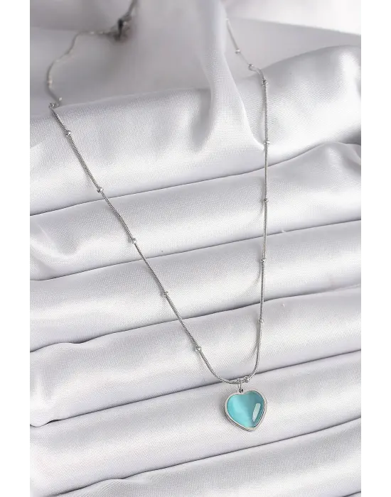  Gümüş  Mavi Kedi Gözü Sedefli Kalp Model  Çelik Kolye