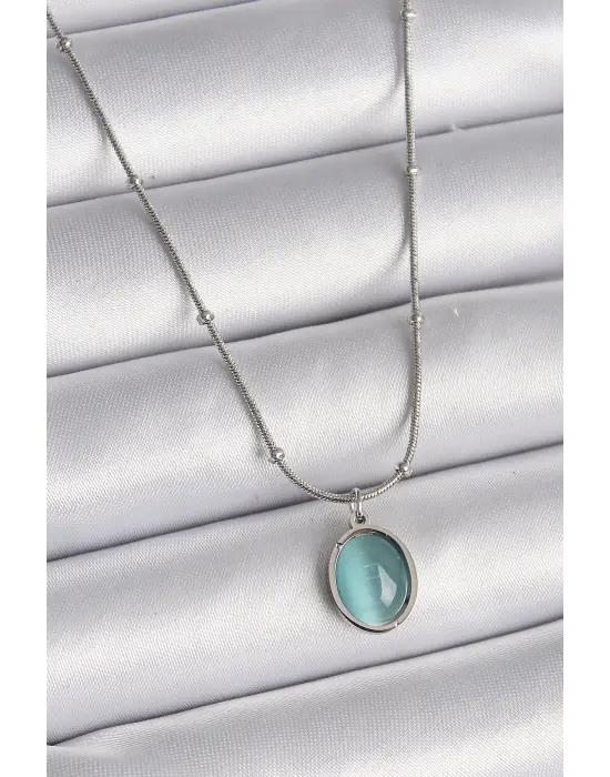  Gümüş  Mavi Kedi Gözü Sedefli Oval Model  Çelik Kolye