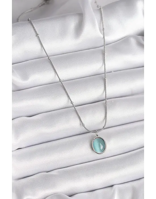  Gümüş  Mavi Kedi Gözü Sedefli Oval Model  Çelik Kolye