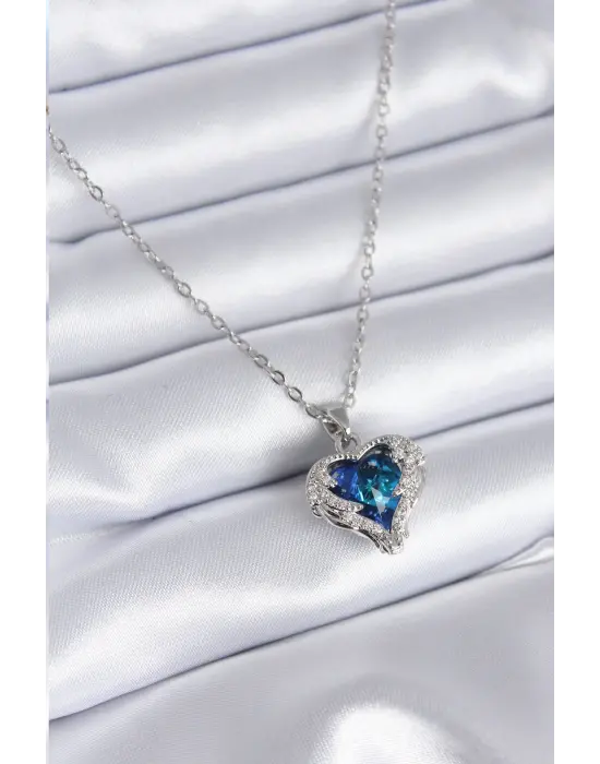  Gümüş  Mavi Kristal Kalp Model Zirkon Taşlı  Çelik Kolye
