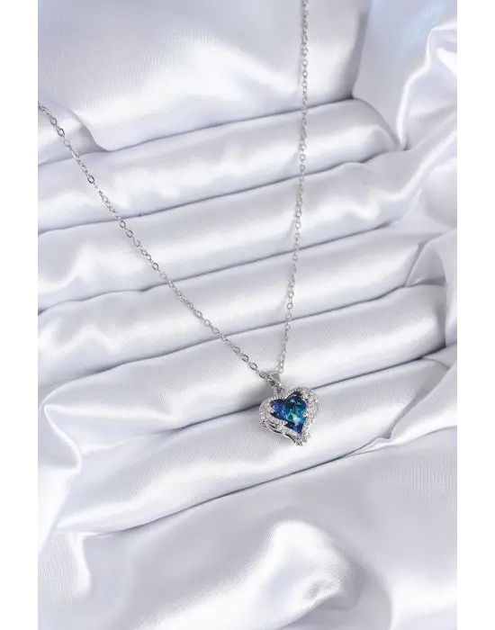  Gümüş  Mavi Kristal Kalp Model Zirkon Taşlı  Çelik Kolye