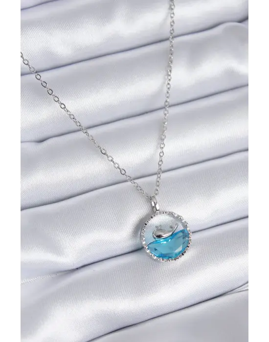  Gümüş  Mavi Kristal Taşlı Balina Model  Çelik Kolye