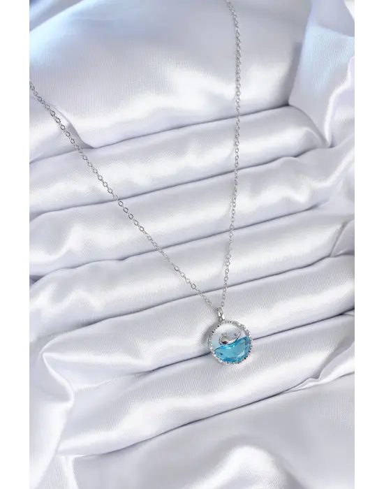  Gümüş  Mavi Kristal Taşlı Balina Model  Çelik Kolye