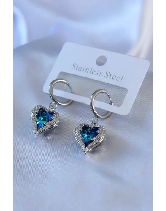   Gümüş Mavi Kristal Taşlı Kalp Model Zirkon Taşlı Çelik Küpe