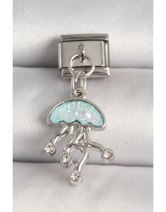 316L Çelik Gümüş Renk Mavi Mineli Deniz Anası Model Zirkon Taş Detaylı Nomination Charm