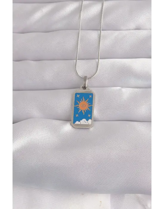  Gümüş  Mavi Mineli Güneş Model Tarot Çelik Kolye