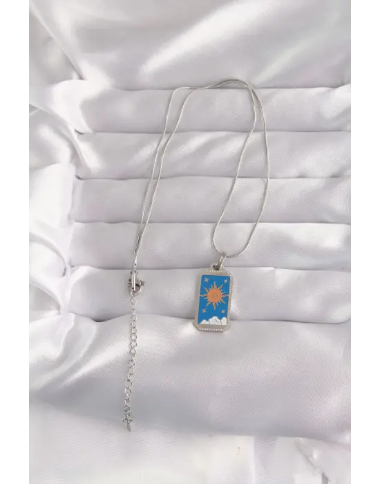  Gümüş  Mavi Mineli Güneş Model Tarot Çelik Kolye