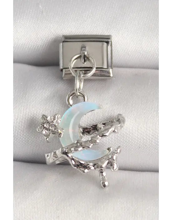 316L Çelik Gümüş Renk Mavi Mineli Hilal Model Nomination Charm