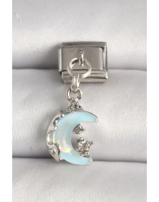 316L Çelik Gümüş Renk Mavi Mineli Hilal Model Zirkon Taş Detay Nomination Charm