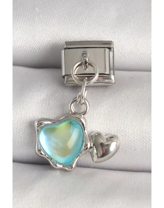 316L Çelik Gümüş Renk Mavi Mineli Kalp Model Nomination Charm