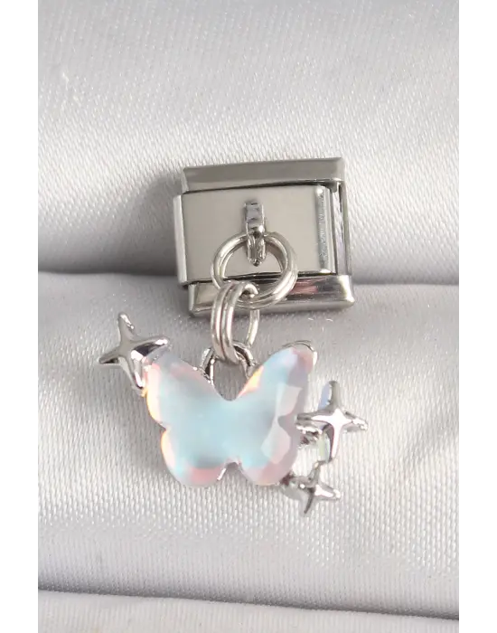 316L Çelik Gümüş Renk Mavi Mineli Kelebek Model Yıldız Detay Nomination Charm