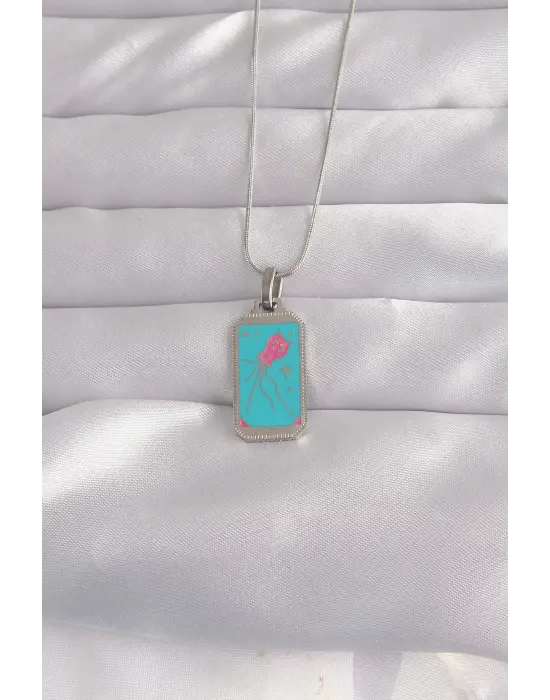  Gümüş  Mavi Mineli Tarot Çelik Kolye