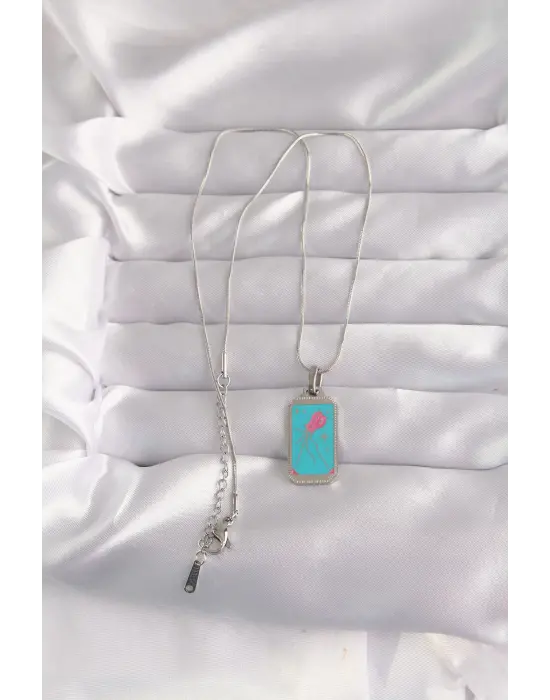  Gümüş  Mavi Mineli Tarot Çelik Kolye