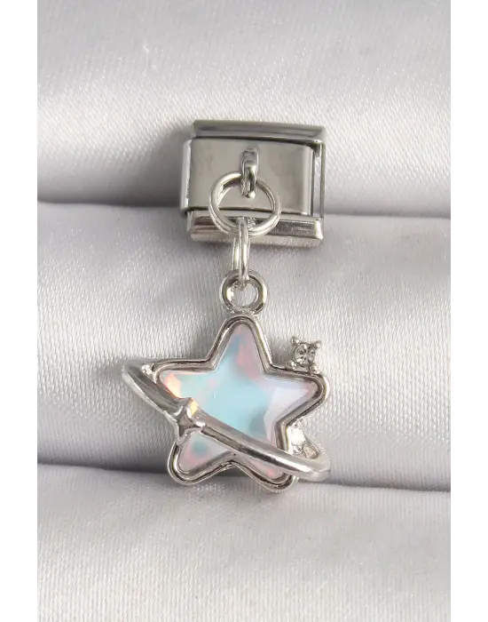 316L Çelik Gümüş Renk Mavi Mineli Yıldız Model Zirkon Taş Detay Nomination Charm