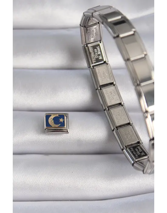 316L Çelik Gümüş Renk Mavi Sarı Ay Yıldız İşlemeli Nomination Charm