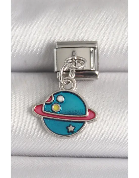 316L Çelik Gümüş Renk Mavi Satürn Model Nomination Charm