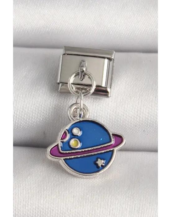 316L Çelik Gümüş Renk Mavi Satürn Model Nomination Charm