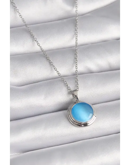  Gümüş  Mavi Sedefli Daire Model  Çelik Kolye