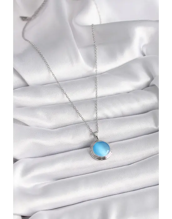  Gümüş  Mavi Sedefli Daire Model  Çelik Kolye