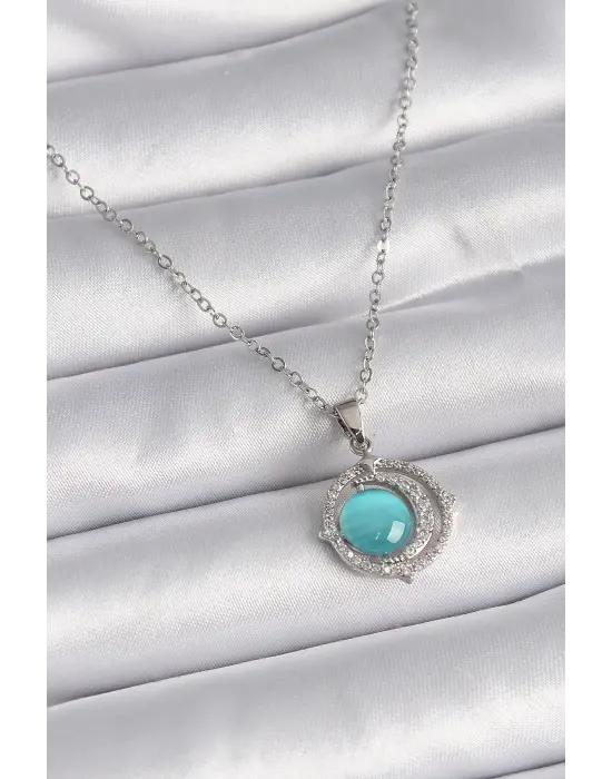  Gümüş  Mavi Sedefli Hilal Model  Çelik Kolye