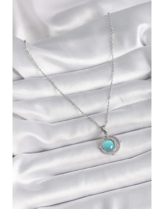  Gümüş  Mavi Sedefli Hilal Model  Çelik Kolye