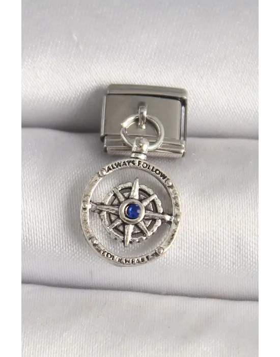 316L Çelik Gümüş Renk Mavi Taş Detaylı Pusula Model Nomination Charm