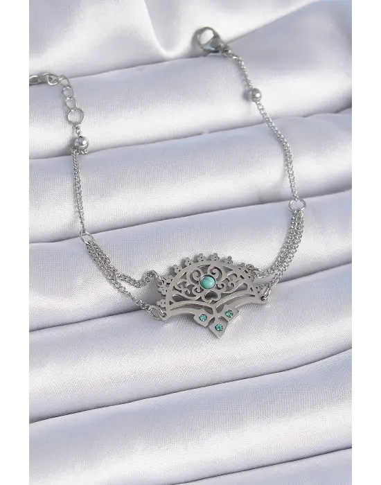 316L Çelik Gümüş Renk Mavi Taşlı Etnik Desen Kadın Bileklik