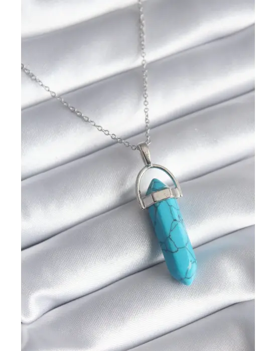  Gümüş  Mavi Taşlı Model  Çelik Kolye