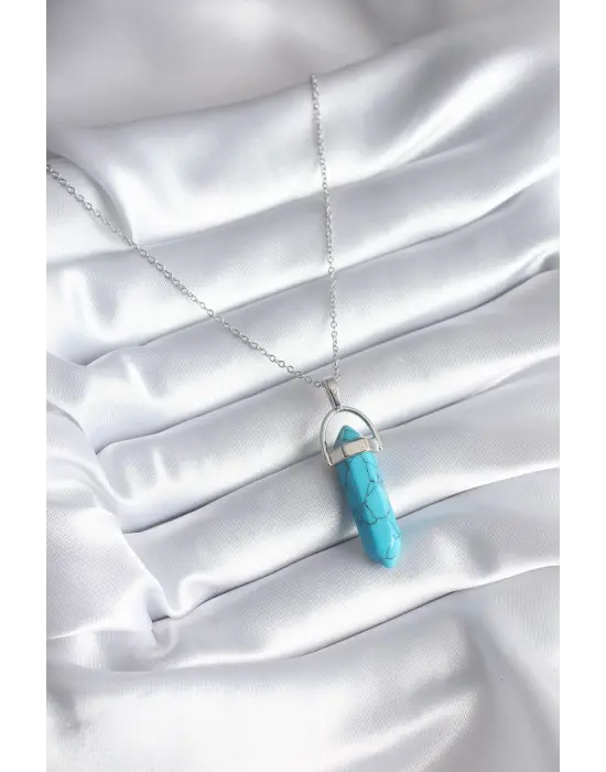  Gümüş  Mavi Taşlı Model  Çelik Kolye