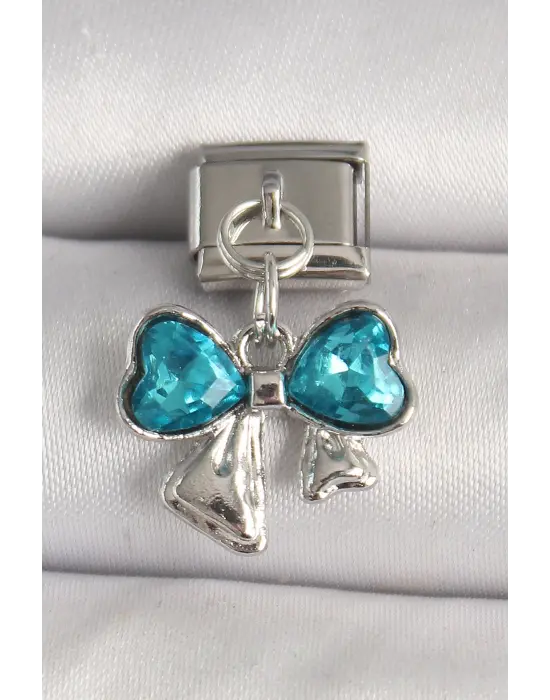 316L Çelik Gümüş Renk Mavi Zirkon Taşlı Fiyonk Model Nomination Charm