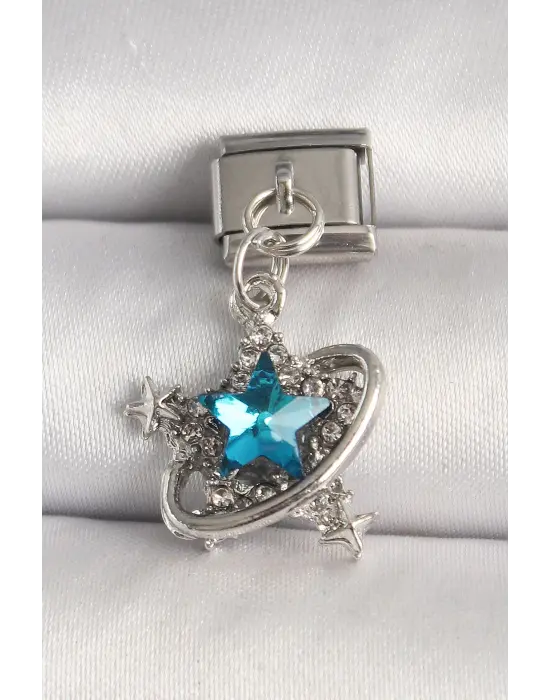 316L Çelik Gümüş Renk Mavi Zirkon Taşlı Yıldız Model Nomination Charm