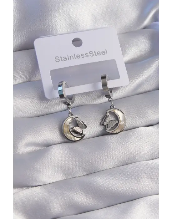   Gümüş Mineli Ay Figürlü Kelebek Küpe