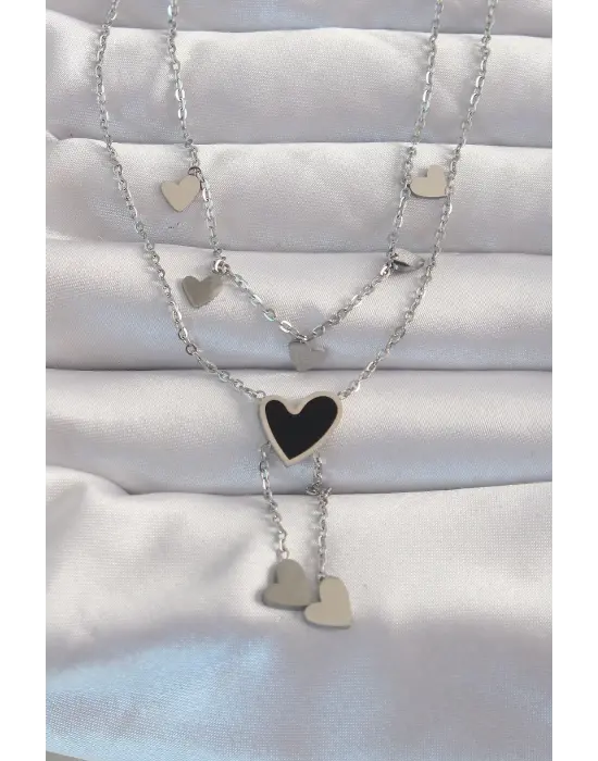  Gümüş  Mineli Çoklu Kalp Çelik Kolye