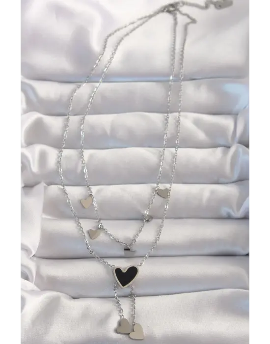  Gümüş  Mineli Çoklu Kalp Çelik Kolye