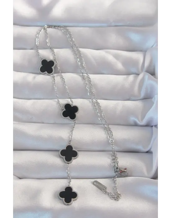  Gümüş  Mineli Sallantılı Zincir Yonca Çelik Kolye