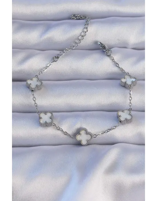 316L Çelik Gümüş Renk Mineli Yonca Model Bileklik